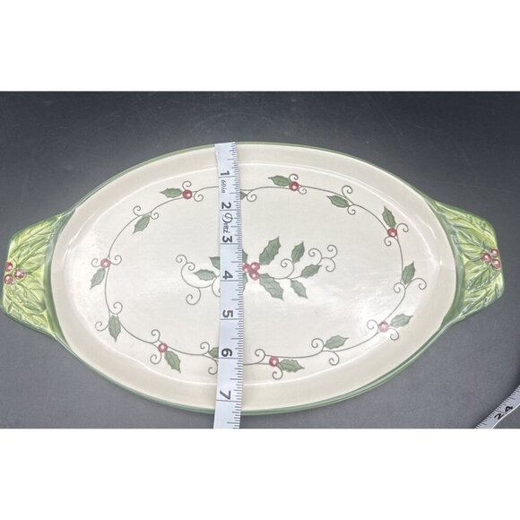 Temptations Tara Cardinal Ceramic Oval Serving Platter 13” Green Holly Christmas - Picture 6 of 6